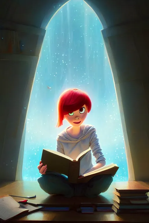 Prompt: highly detailed portrait of beautiful girl reading a book in pixar inside out, dynamic pose, stephen bliss, unreal engine, fantasy art by greg rutkowski, loish, rhads, ferdinand knab, makoto shinkai and lois van baarle, ilya kuvshinov, rossdraws, tom bagshaw, global illumination, radiant light, detailed and intricate environment