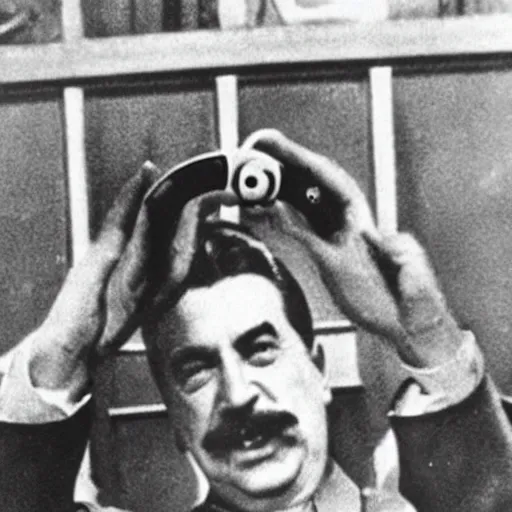 Prompt: Old photograph of Stalin excitedly holding up a Tamagotchi