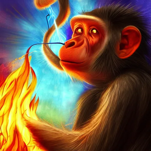 Prompt: a wizard monkey casting spells of fire and wind, digital art, high definition, striking colors, trending on artstation, whimsical, fantasy