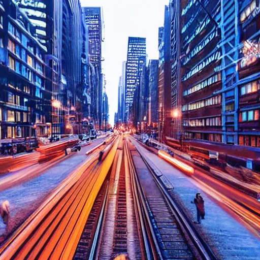 Image similar to Busy new york city street full of cars at night ,futuristic industrial train on bridge over street, still photo