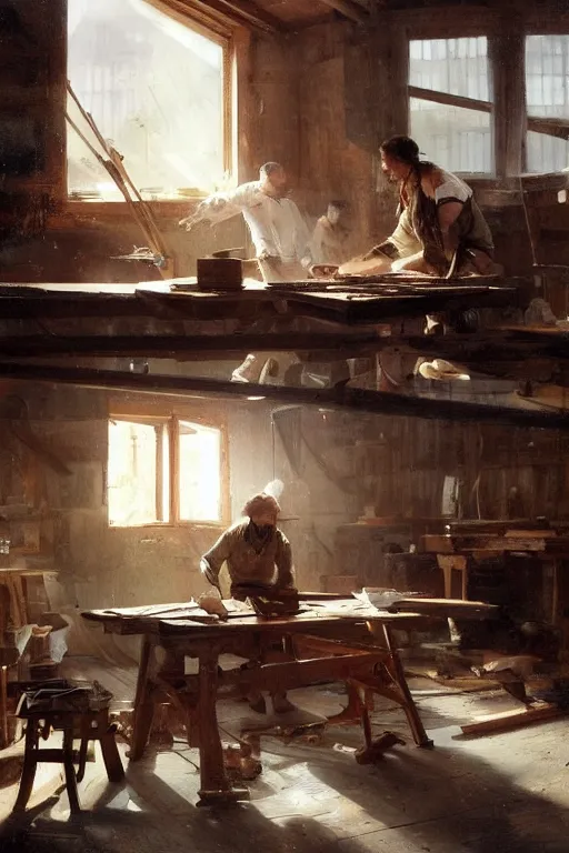 Image similar to simple craftsman fine woodworker building a wooden table in their well lit clean open workshop, art by anders zorn, wonderful masterpiece by greg rutkowski, beautiful cinematic light, american romanticism thomas lawrence, greg rutkowski