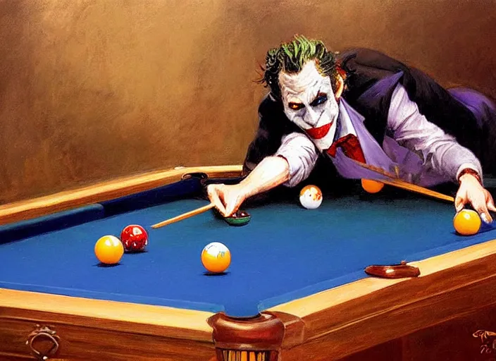 Image similar to a highly detailed beautiful portrait of the joker playing pool, by gregory manchess, james gurney, james jean