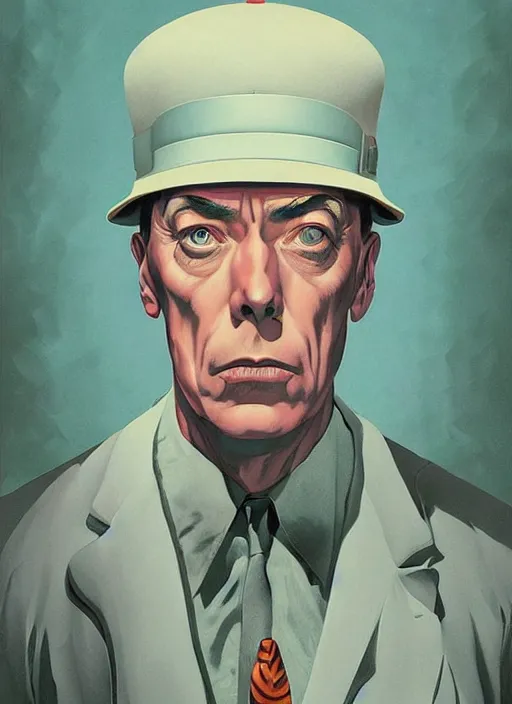 Prompt: poster artwork by Michael Whelan and Tomer Hanuka, Karol Bak Major Buster Keaton, from scene from Twin Peaks, clean