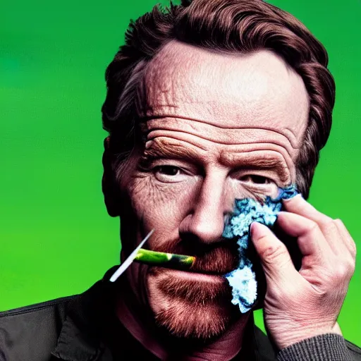 Image similar to closeup portrait of bryan cranston smoking meth with shrek