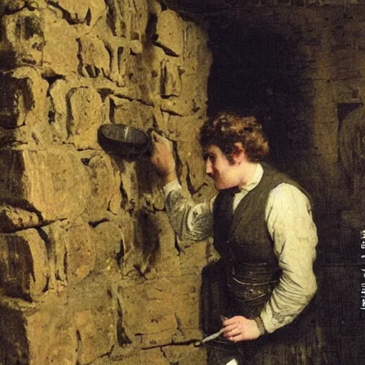 Prompt: young victorian man and woman investigators solving a riddle carved into a stonewall in a dungeon, by alfred stevens