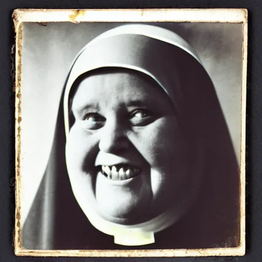 Prompt: antique photograph of an evil catholic nun, cracked and faded photo paper, morbidly obese, crazy eyes wide open, horror, staring at the camera, evil smile, sharp teeth, headshot, dark background, low light, dark