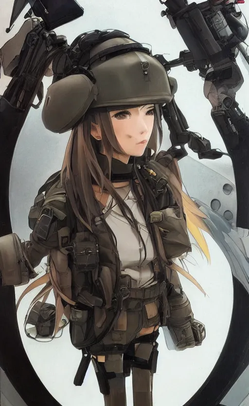 Prompt: a girl, fused aircraft parts, soldier clothing, combat helmet, anime style, long hair, hair down, symmetrical facial features, from arknights, hyper realistic, 4 k, rule of thirds, extreme detail, detailed drawing, trending artstation, hd, d & d, realistic lighting, by alphonse mucha, greg rutkowski, sharp focus, backlit