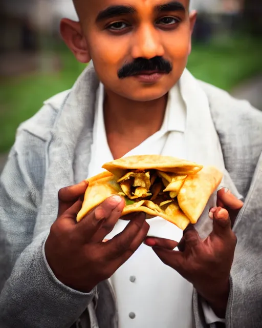 Image similar to a portrait of gandhi eating samosa whilst walking, highly detailed, trending on artstation, bokeh, 9 0 mm, f / 1. 4