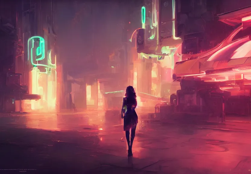 Prompt: painting of the figure of a woman in a futuristic town, space opera, traveler, bounty hunter, space bar, neon, high - tech, high contrast, concept art, dramatic lighting, digital art, 8 k, extremely detailed, drawn by ruan jia