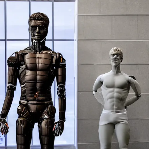 Image similar to a realistic detailed photo of a guy who is an attractive humanoid who is half robot and half humanoid, who is a male android, soccer player timo werner, shiny skin, posing like a statue, blank stare, by the pool, on display, showing off his muscles, humanoid robot, frozen ice statue, made of ice