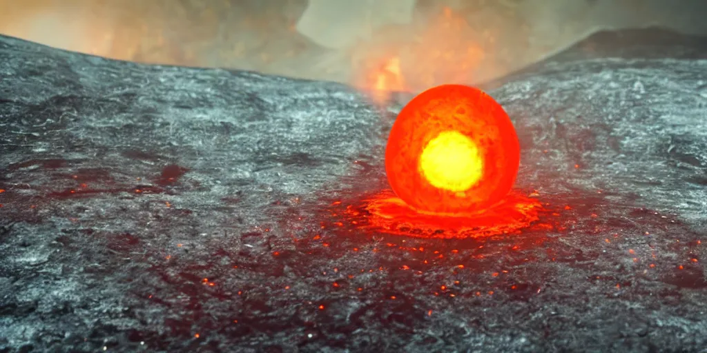 Image similar to a melted glowing snowman melting on top of the sun. the ground is made of fire and lava and is glowing orange. cinematic, dramatic, epic, volumetric lighting, atmospheric, red, orange extremely coherent, masterpiece, highly detailed, trending on artstation, 8 k, space, warm, solar flare, blade runner 2 0 4 9