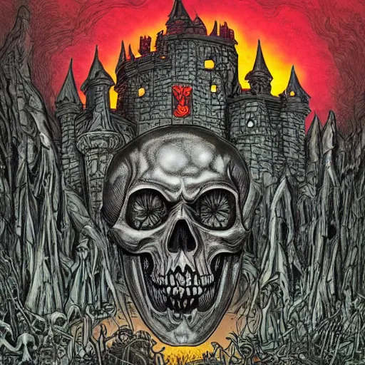 Prompt: a Metallica album cover with a centered skull of skelletor and grey skull castle from he-man TV show, art by Dan Mumford and Alex Pardee , intricate, D&D, dark fantasy,