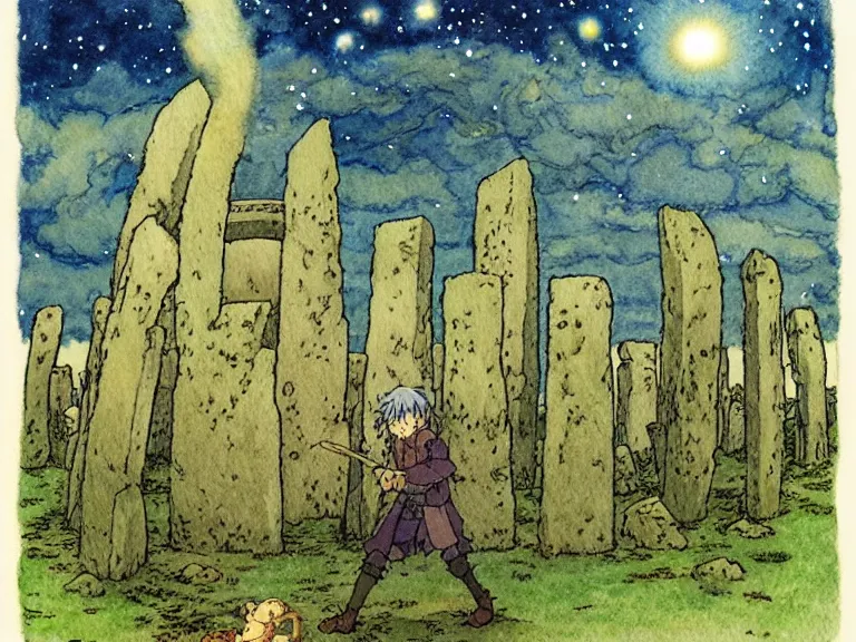 Image similar to a simple watercolor studio ghibli movie still fantasy concept art of a giant wizard playing in a tiny stonehenge. it is a misty starry night. by rebecca guay, michael kaluta, charles vess