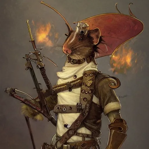 Prompt: anthropomorphic rat steampunk warrior. Renowned character illustration by greg rutkowski, thomas kindkade, alphonse mucha, loish, norman rockwell. Trending on furaffinity.