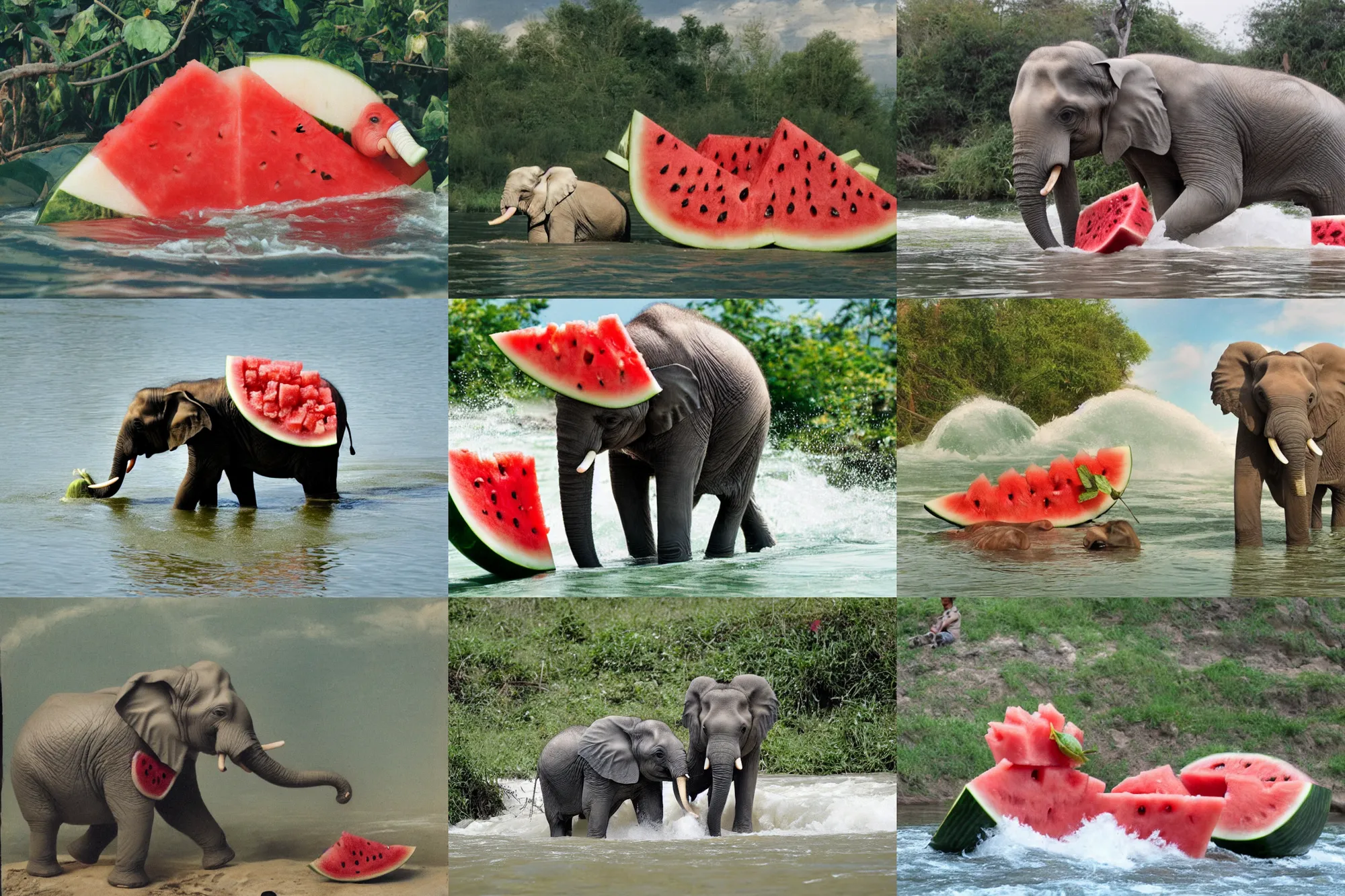 Prompt: a small elephant sits in a short watermelon and swims along the river of white milk, white water