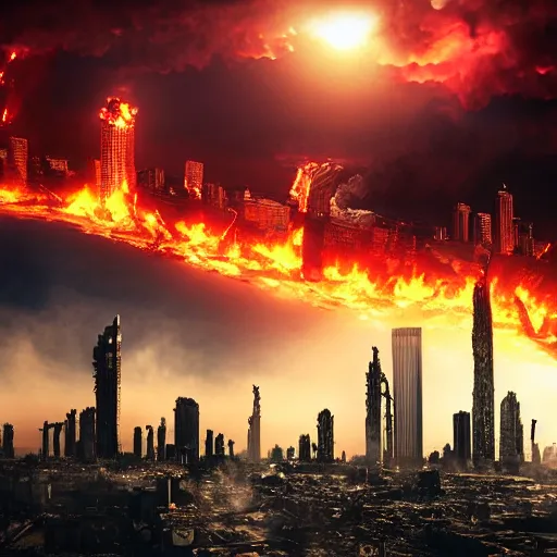 destroyed city on fire background