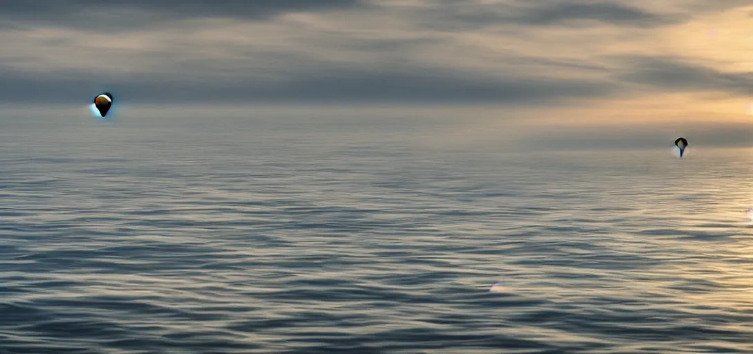 Prompt: sky orbs floating perfectly above a rippling sea