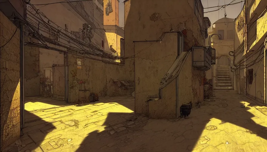 Prompt: an alley of dust 2 map from counter strike global offensive by moebius and kilian eng, atmospheric, fine details, vivid, neon, masterpiece