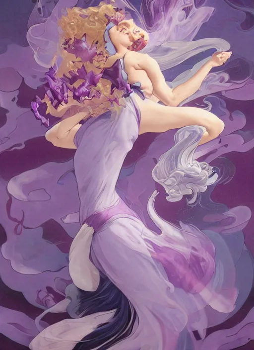 Image similar to madam mim, purple smoke aura in motion, floating pieces, painted art by tsuyoshi nagano, greg rutkowski, artgerm, alphonse mucha, spike painting