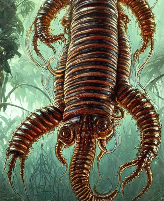 Prompt: intricate ornate opulent transparent clear see - through portrait of a terrifying ugly male alien centipede, mottled coloring, adorable, childlike, overgrown jungle environment, ultra realistic, concept art, art nouveau, photorealistic, octane render, 8 k, unreal engine. art by christopher marley and artgerm and greg rutkowski and alphonse mucha