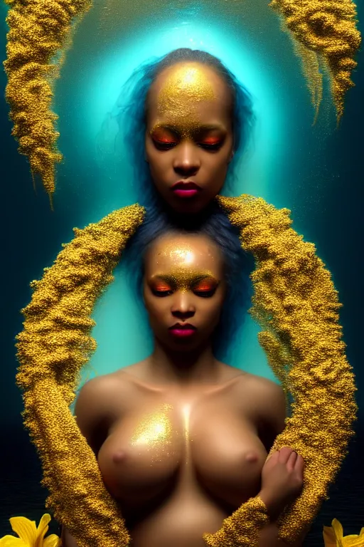 Image similar to hyperrealistic magic realism cinematic very beautiful! black oshun goddess with white! iris, in water, yoruba body paint, mirror dripping droplet!, gold flowers, highly detailed face, digital art masterpiece, smooth robert steven connett eric zener dramatic teal light, ground angle uhd 8 k, sharp focus