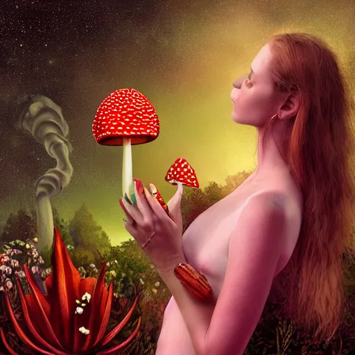 Prompt: beautiful woman smoking weed with amanita muscaria, hyperreal, ethereal, realistic, extremely detailed, space background