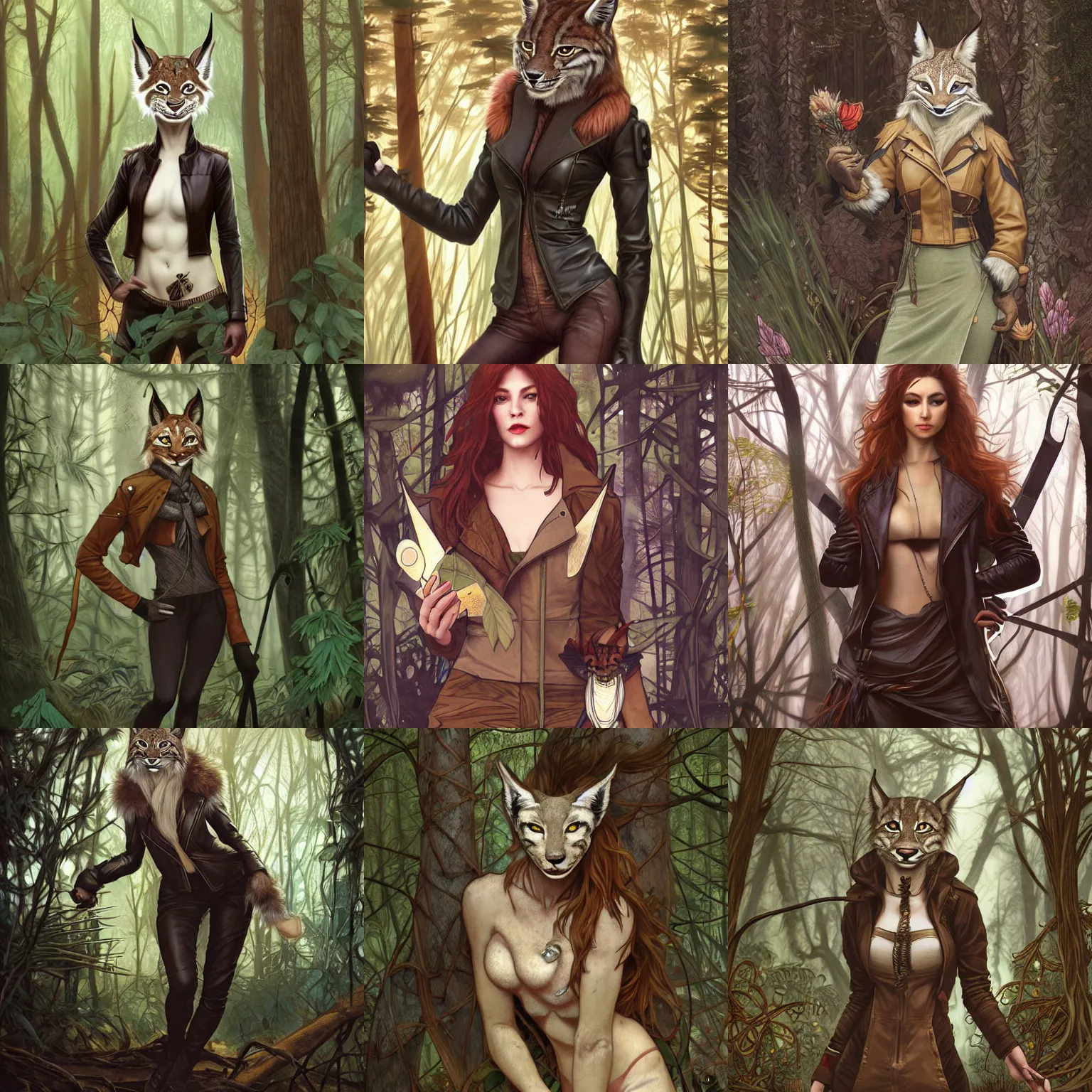 Prompt: anthropomorphic lynx in a leather jacket, in a forest, fursona, moody, muted colors, digital art, concept art, viktoria gavrilenko, wlop, xiaoguang sun, alphonse mucha, magali villeneuve, tom bagshaw, william adolphe bouguereau