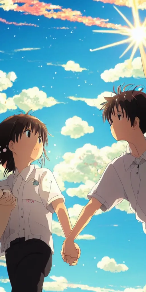 Image similar to a man and a woman holding hands under a beautiful sun drawn like the anime Your Name anime