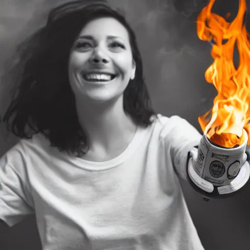 Prompt: a photo of a woman wearing a shirt holding a fire extinguisher, on her shirt writes two aunts