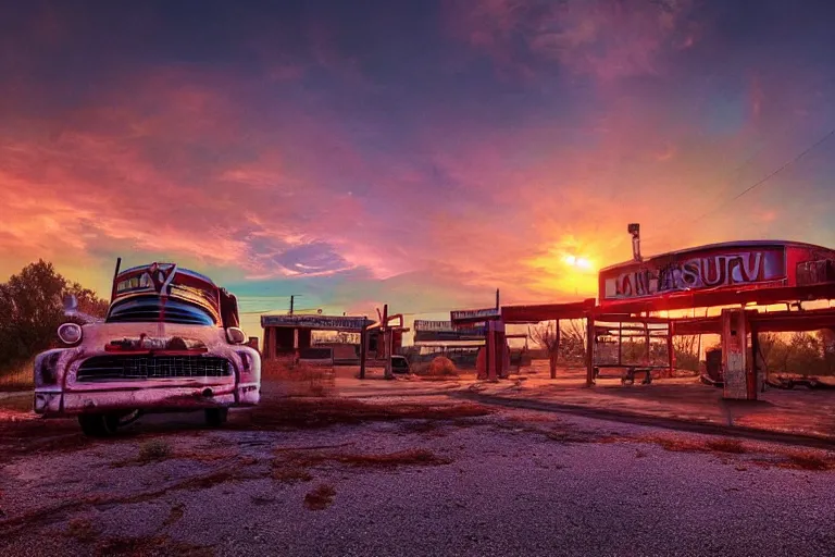 Image similar to a sunset light landscape with historical route 6 6, lots of sparkling details and sun ray ’ s, blinding backlight, smoke, volumetric lighting, colorful, octane, 3 5 mm, abandoned gas station, old rusty pickup - truck, beautiful epic colored reflections, very colorful heavenly, softlight