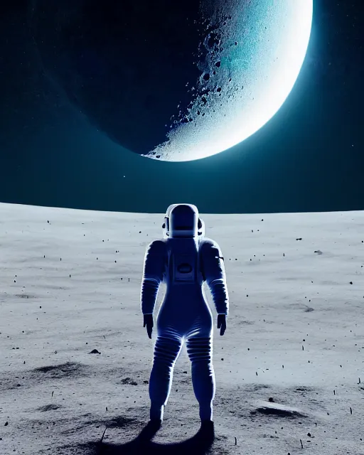 Image similar to a person standing in front of an open door that's on the moon, poster art by mike winkelmann, trending on cg society, space art, sci - fi, ue 5, futuristic, volumetric lighting