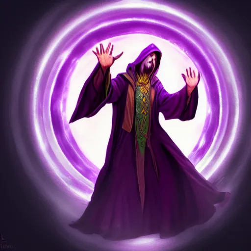 Image similar to a warlock is casting a magic spell, while magic orb is floating in his hand, the magic orb emit a purple vapour, dynamic pose, chromatic aberration , medium level shot, Mucha style , Grim fantasy, illustration ,digital painting, concept art,