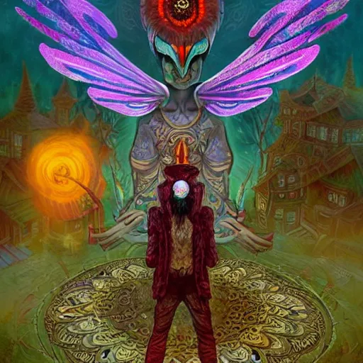 Image similar to 8K Portrait of centered chest up of a psychedelic godlike mothman shaman with moth face and giant mandala wings smoking a hand-rolled cigarette smoking heavily , magic mushroom village in background , post-processing , award winning. superb resolution. in the art style of junji Ito and greg rutkowski . Detailed Mushroom city in background. Hyper realistic anime. Perfect art. Dalle2