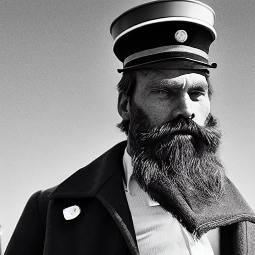 Image similar to Live Action Still of Jerma985 in a film as a Lighthouse Keeper with an overcoat, hat, and beard, black and white, hyperrealistic, ultra realistic, realistic, highly detailed, epic, HD quality, 8k resolution, body and headshot, film still