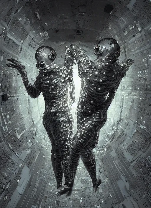 Image similar to astronauts in the dark infinite underwater void - complex and hyperdetailed technical suit, fabric material. reflection and dispersion materials. rays and dispersion of light. volumetric light. wide angle, f / 3 2. noise film photo. flash photography. ultra realistic, wide angle. poster by wayne barlowe, hajime sorayama aaron horkey, craig mullins