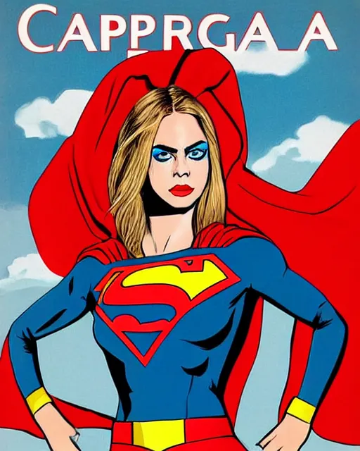 Image similar to high quality presentation digital print of a cara delevigne as supergirl, soviet poster art style black red white, head and shoulders