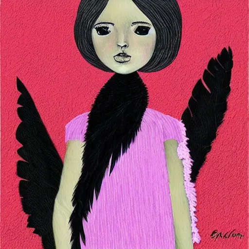 Image similar to little girl with an pink bizarre haircut wearing an dress made of black feathers, artwork made in art style ilya kushinov