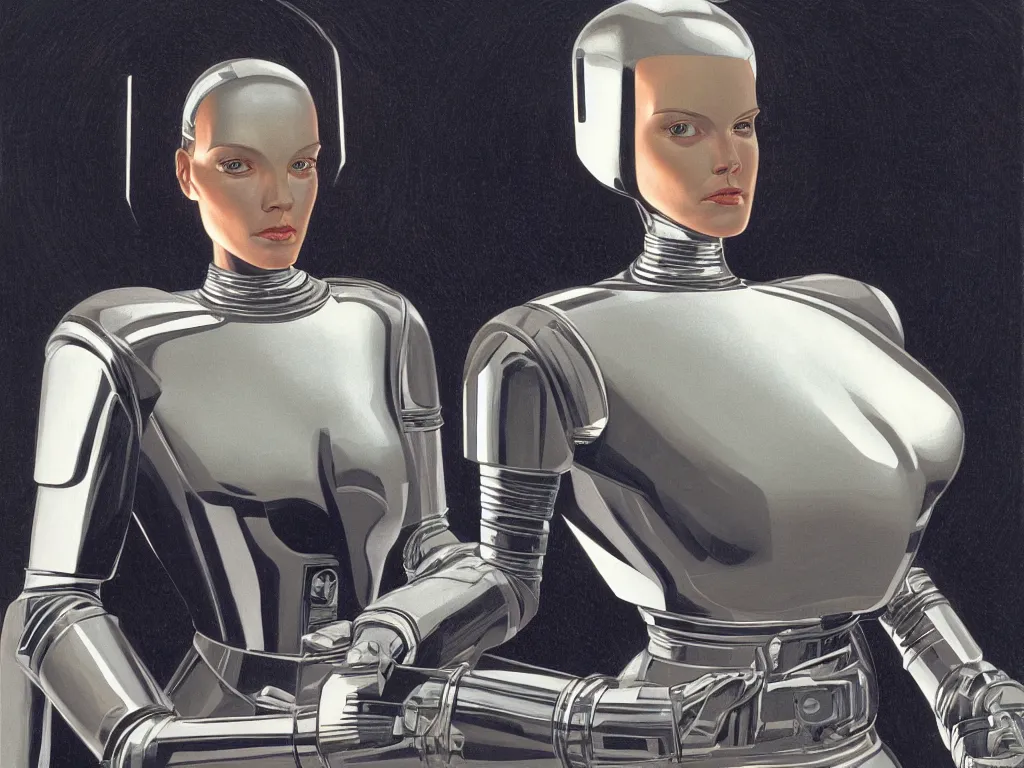 Image similar to a Royal portrait of chrome android woman as illustrated by Ralph Mcquarrie. 1991