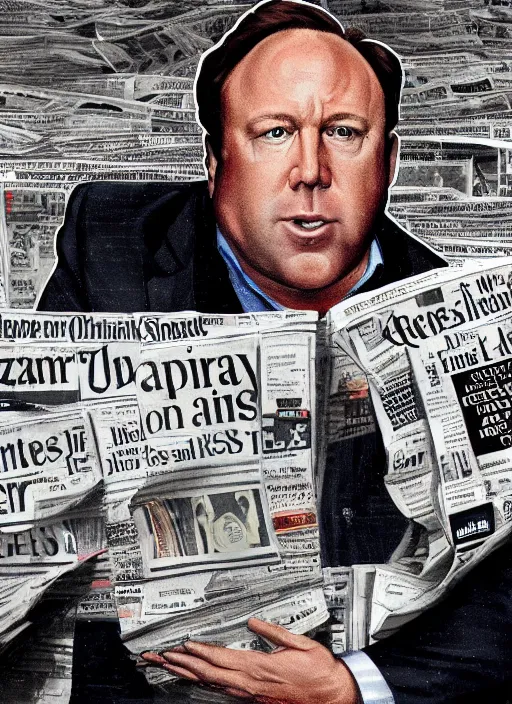 Prompt: sad alex jones surrounded by newspapers in a dark murky room, highdetailed illustration