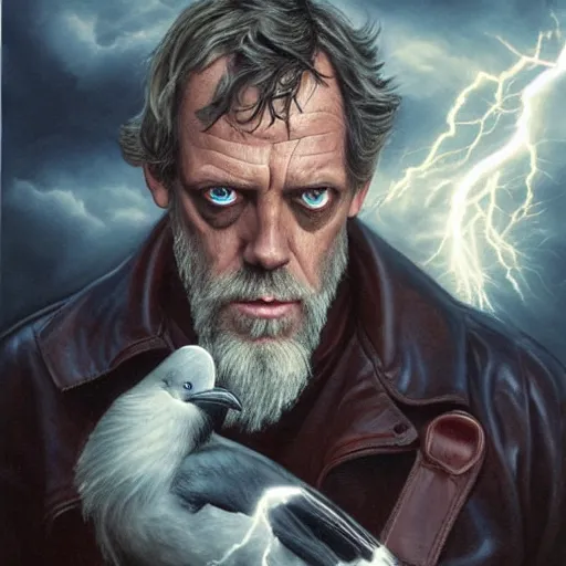 Prompt: hugh laurie as odin with only one eye, wearing a leather eyepatch, a raven on his shoulder, dark dramatic background, stormy clouds, lightning, very detailed painting by Glenn Fabry, by Joao Ruas, by Artgerm