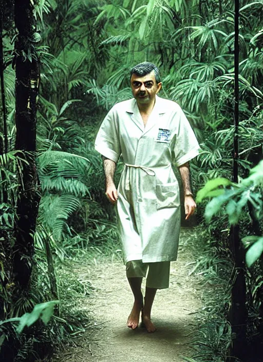 Image similar to award - winning national geographic telephoto photograph of rowan atkinson wandering through the jungle in a hospital gown. rowan appears visibly confused and lost