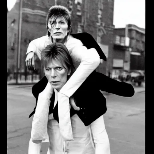 Prompt: david bowie from changes giving a piggy back ride to ziggy stardust. in the style of marcel duchamp.