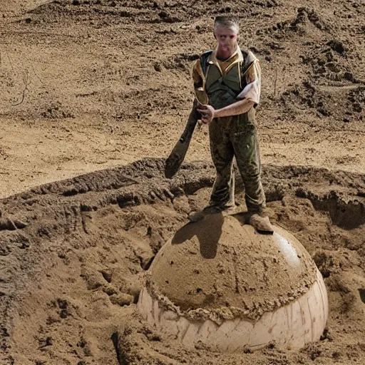 Image similar to in the distance, in the center of a large sandy quarry, a large golden ball lies in the sand, a broken excavator and a man in military uniform standing nearby, stylization is a grainy photo, high quality, depth of sharpness, emphasis and focus on the golden ball