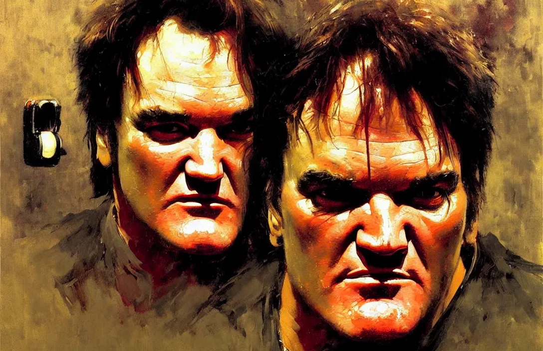 Prompt: portrait of quentin tarantino!!!!!!!!!!!!!!!!!!!!!!!!!!!, detailed face, detailed painting,, epic lighting, by ilya repin, phil hale and kent williams