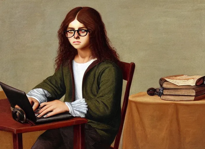 Prompt: painting of a long haired teenager!!! with glasses sitting on a chair, clothed with an olive colored sweater and a black jean, with a laptop on his lap, full body, renaissance!!! painting!!!, ultra detailed, masterpiece, framed, museum photo