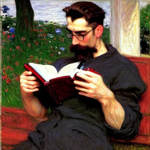 Image similar to attractive man reading a book, painting by tom of finland, john william waterhouse, claude monet