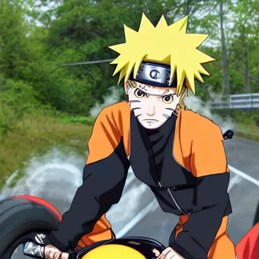 Prompt: Naruto Uzumaki on a motorcycle