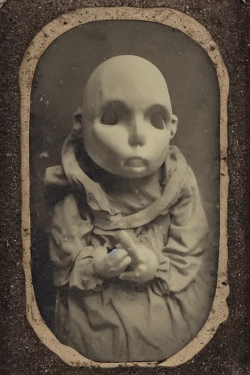 Image similar to dirty cracked crying vintage demonic mouthless bald doll sitting in dirt basement cobwebs tintype photo