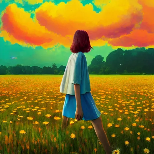 Image similar to giant daisy flower as head, full body girl walking in a flower field, surreal photography, sunrise, dramatic light, impressionist painting, colorful clouds, digital painting, artstation, simon stalenhag
