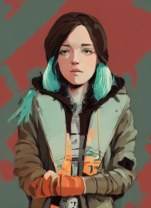 Image similar to highly detailed portrait of a cloudpunk young seattle lady, tartan hoody, by atey ghailan, by greg rutkowski, by greg tocchini, by james gilleard, by joe fenton, by kaethe butcher, gradient green, brown, blonde crea, orange, brown and white color scheme, grunge aesthetic!!! ( ( graffiti tag wall background ) )